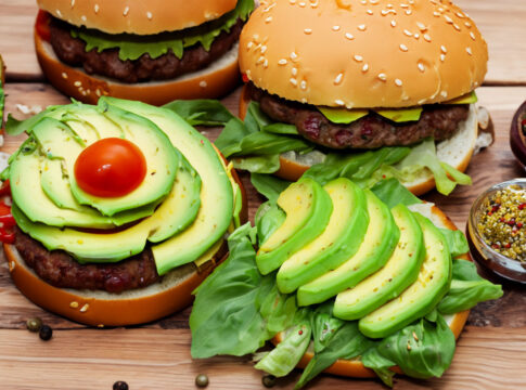 Burger, Fussili, Avocados, Gewürze auf ein Holz Tisch