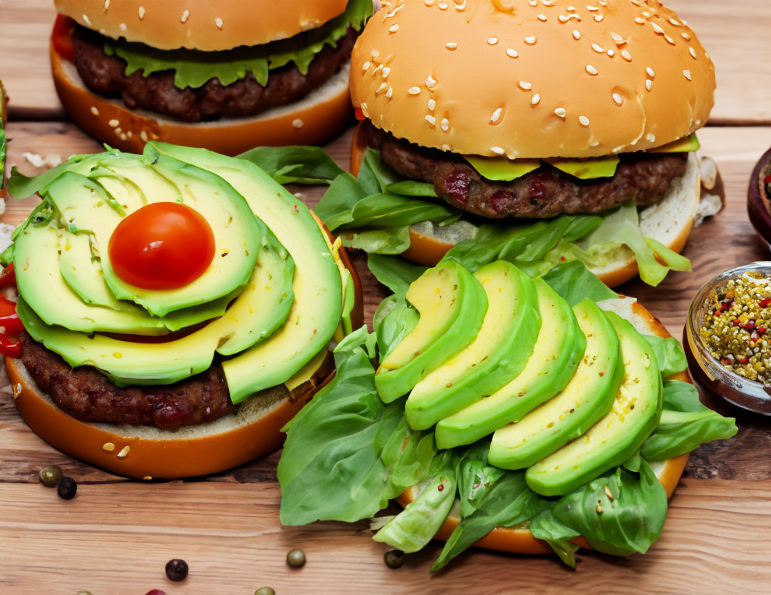 Burger, Fussili, Avocados, Gewürze auf ein Holz Tisch