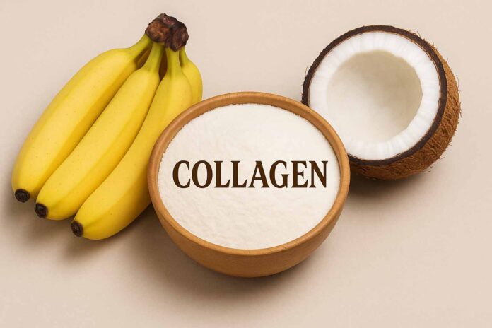 Bananen, eine halbe Kokosnuss und eine Schale mit Kollagenpulver sind stilvoll auf einem hellen Hintergrund arrangiert. Sie symbolisieren die natürlichen Zutaten.