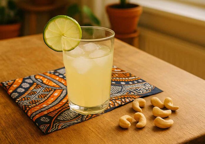 Cashew-Limonade im Glas mit Limettenscheibe, daneben Cashewkerne – inspiriert von Akoua aus Die Höhle der Löwen