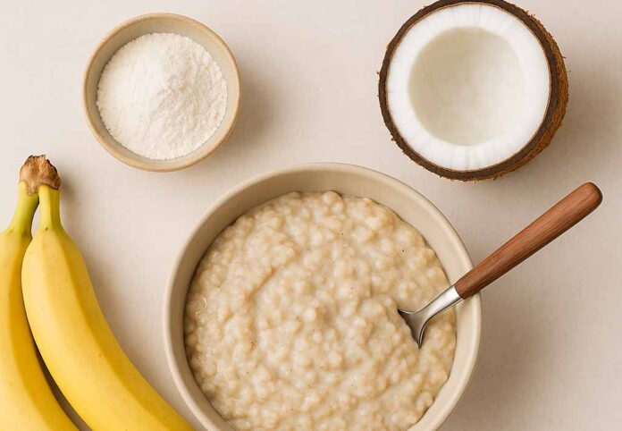 Cremiger Kollagen-Porridge mit Banane und Kokos in einer Schale
