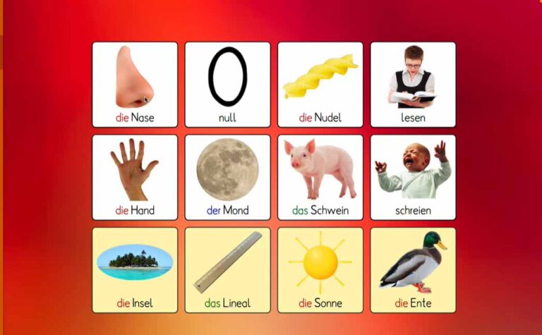 Screenshot aus der Lernsoftware „Sag’s auf Deutsch“ mit bebilderten Wortkarten zu Begriffen wie „die Nase“, „der Mond“, „das Schwein“ und „lesen“ - mit Artikeln und anschaulichen Illustrationen zur Sprachförderung.