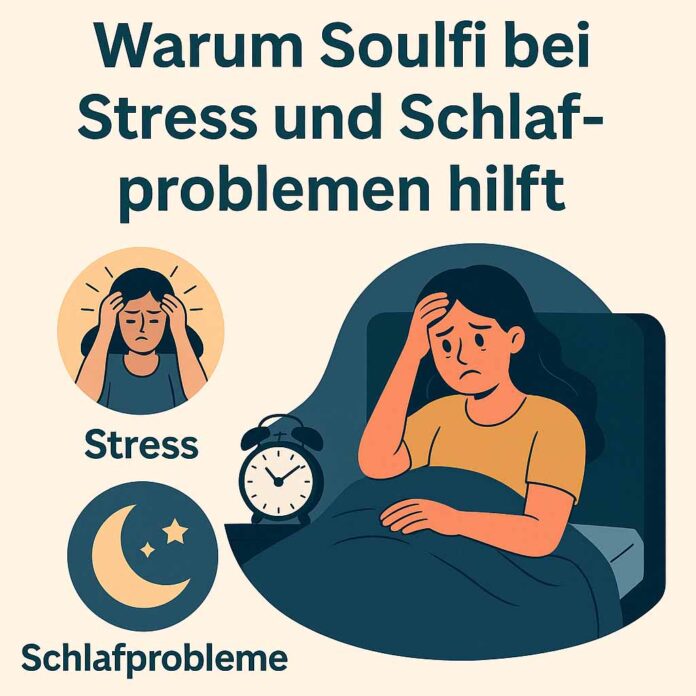 Illustration zeigt digitale Hilfe bei Stress und Schlafproblemen durch die Soulfi-App