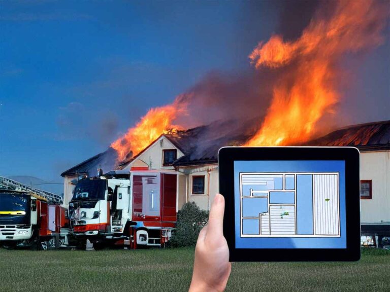 Hier ist ein Bild vom Feuerwehr-iPad. Man sieht einen Grundriss des Gebäudes und vorne ein brennendes Haus.