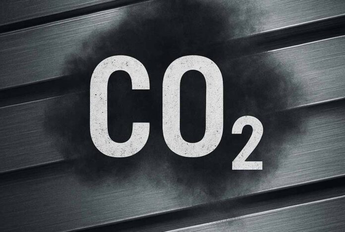 „CO₂-Schriftzug auf metallischem Hintergrund mit schwarzer Rauchwolke – symbolisiert die versteckten Klimaauswirkungen der verdoppelten US-Zölle auf Stahl und Aluminium ab Juni 2025.“