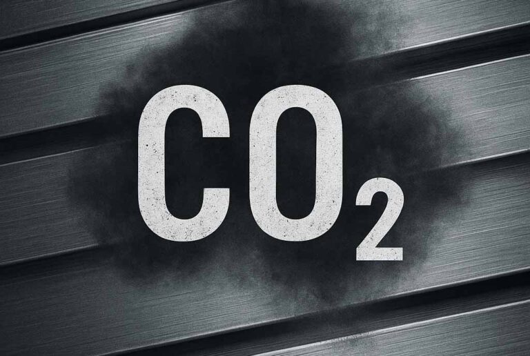 „CO₂-Schriftzug auf metallischem Hintergrund mit schwarzer Rauchwolke – symbolisiert die versteckten Klimaauswirkungen der verdoppelten US-Zölle auf Stahl und Aluminium ab Juni 2025.“