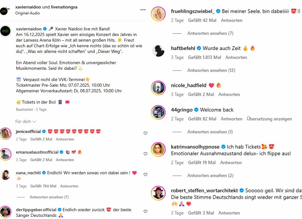 Instagram Fan Kommentare Xavier Naidoo