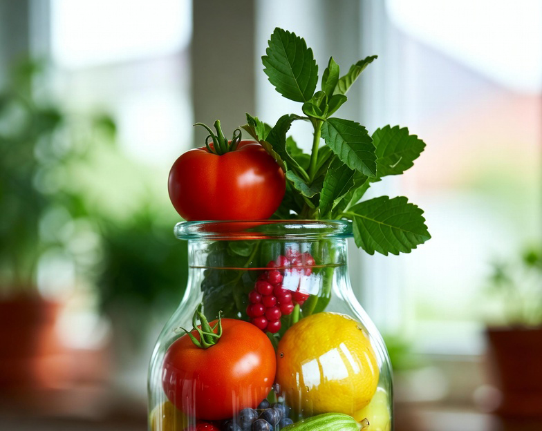 Obst und gemüse in eine flasche glas