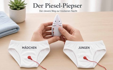 Illustration des Piesel-Piepsers: Hände halten die weiße Maus mit roter Leuchte, davor zwei weiße Slips mit rundem Fühler und rotem Kabel, beschriftet mit Mädchen und Jungen